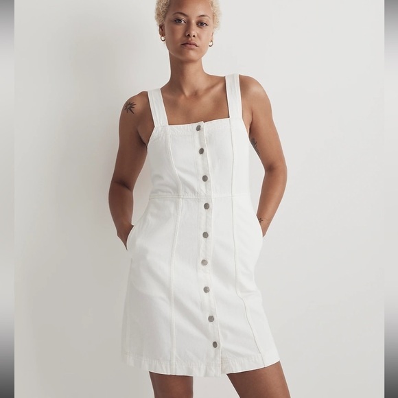 Madewell Denim Square-Neck Sleeveless Mini Dress in Tile White NL444 0 - Picture 1 of 4